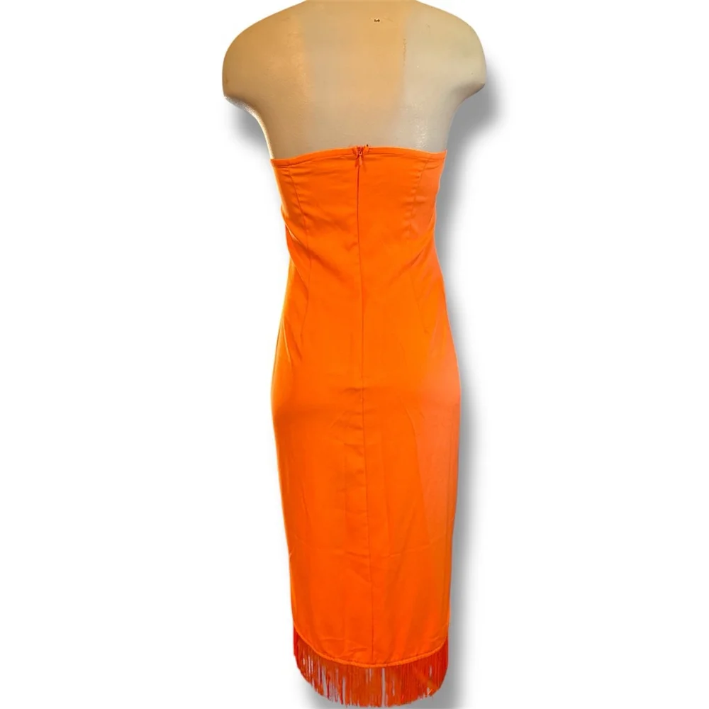 PrettyLittleThing Orange Fringed Strapless Midi Dress Size 4